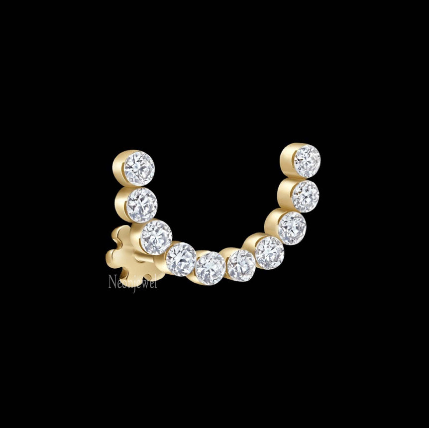 Invisible Set Diamond Demi Eternity Threaded Stud Earring 14K Solid Gold Stud Earring U Shape Cartilage Piercing