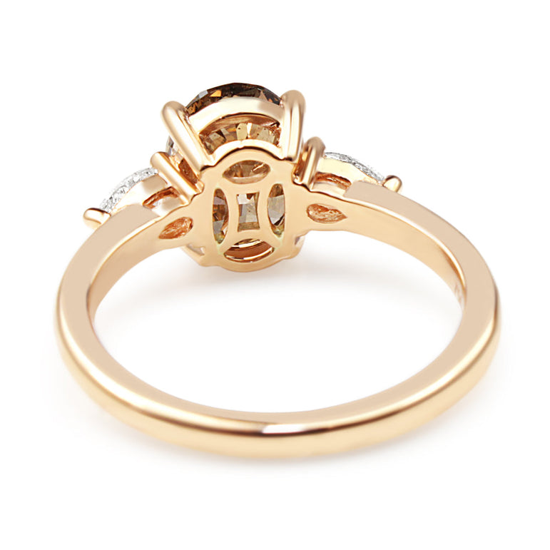 Brown Moissanite Engagement Ring Oval Three Stone Ring 14k Solid Yellow Gold Ring