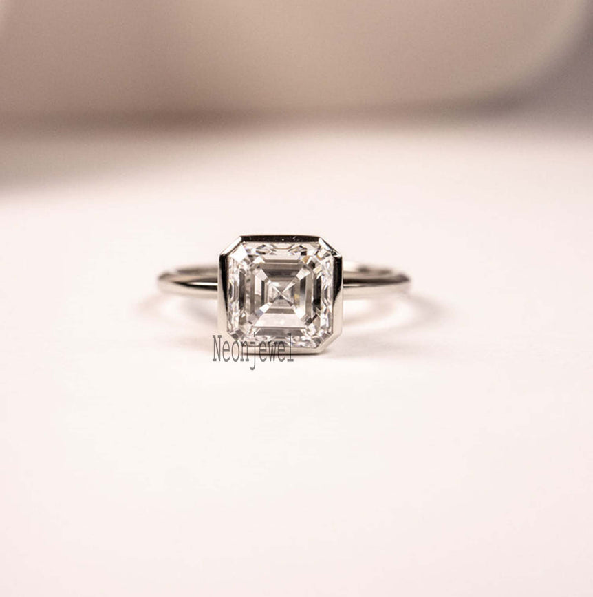 Bezel 1.50 Ct Colorless Asscher Cut Moissanite Engagement Ring In 925 Sterling Silver