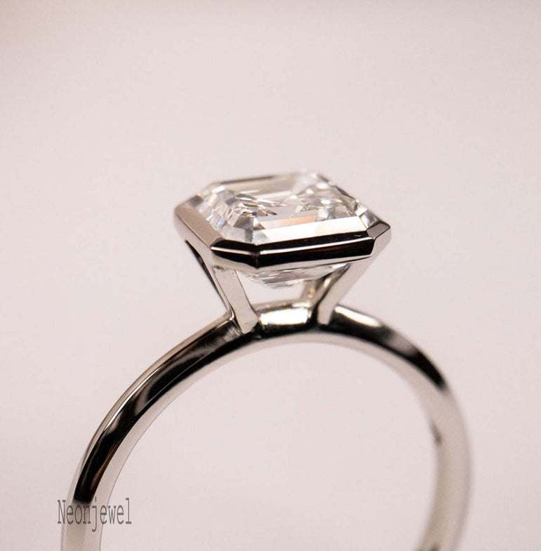 Bezel 1.50 Ct Colorless Asscher Cut Moissanite Engagement Ring In 925 Sterling Silver