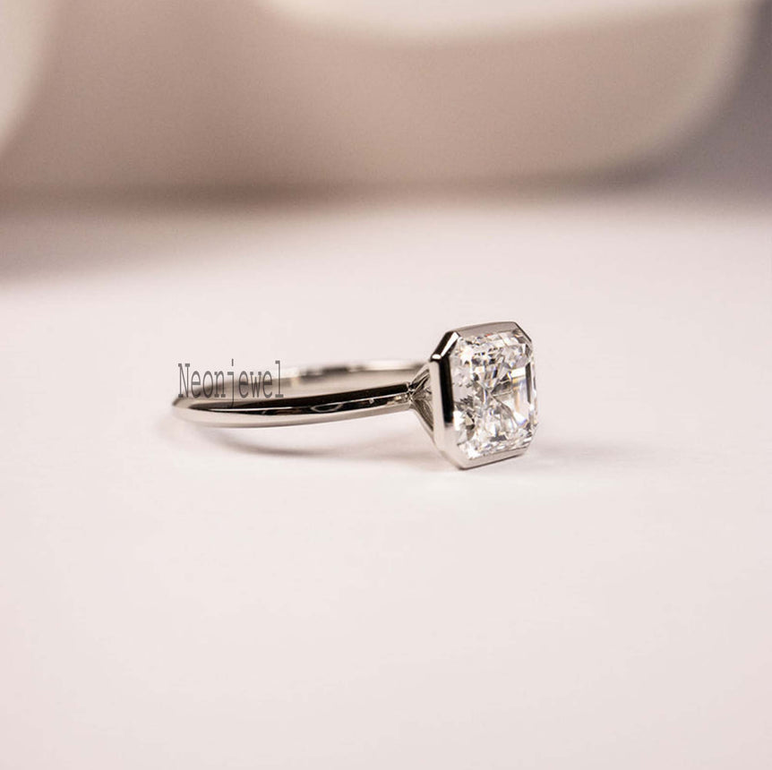 Bezel 1.50 Ct Colorless Asscher Cut Moissanite Engagement Ring In 925 Sterling Silver