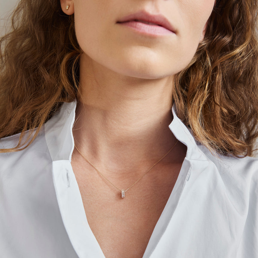 Minimalist Emerald Diamond Rondels Bead Pendant Necklace 14k Real Gold Sparkling Lab Grown Diamond Solitaire Everyday Charm Necklace