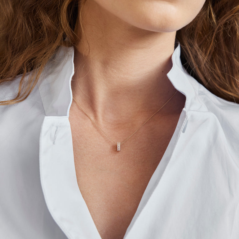 Minimalist Emerald Diamond Rondels Bead Pendant Necklace 14k Real Gold Sparkling Lab Grown Diamond Solitaire Everyday Charm Necklace
