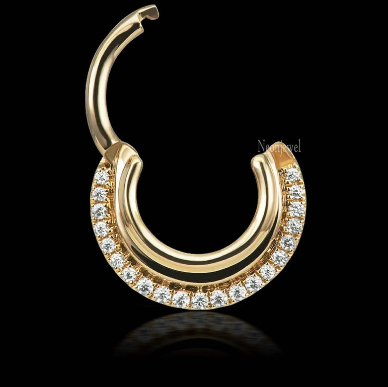 14K Solid Gold Diamond Dhara Hoop Earring 16g Septum Daith Earring Diamond Clicker