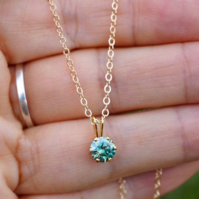 Blue Round Cut Moissanite Solitaire Pendant 10K Solid yellow Gold (without Chain)