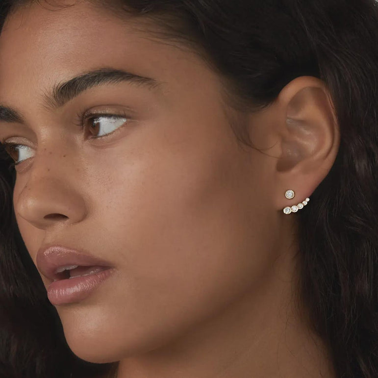 Diamond Ear Jacket Climber 10k Real Gold Bezel Set Lab Grown Diamond Minimalist Dainty Curved Earrings Everyday Luxury Gold Ear Crawler