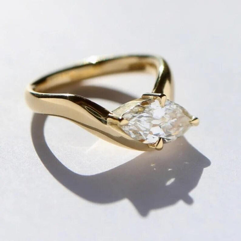 Twisted Marquise Moissanite Solitaire Wedding Ring 14K Solid Yellow Gold Vintage Ring For Her