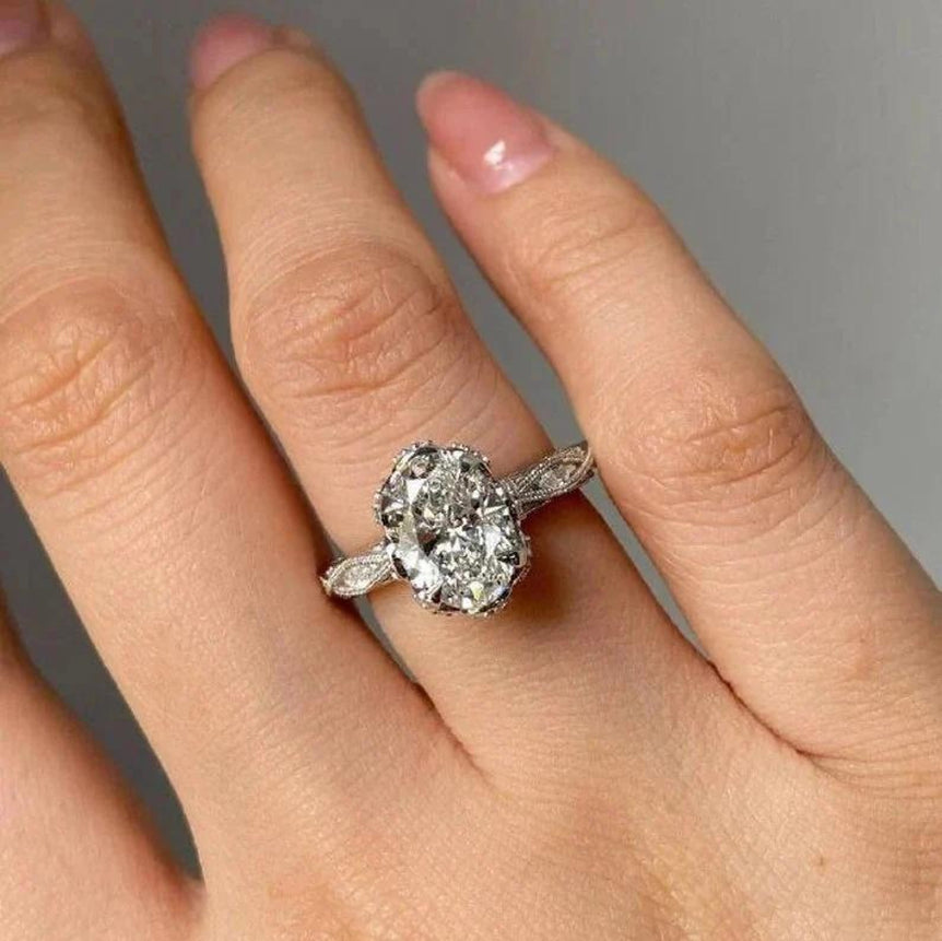 Vintage Oval Moissanite Engagement Ring 2.00 Ct Colorless Oval Moissanite Antique Ring 10K Solid White Gold Ring