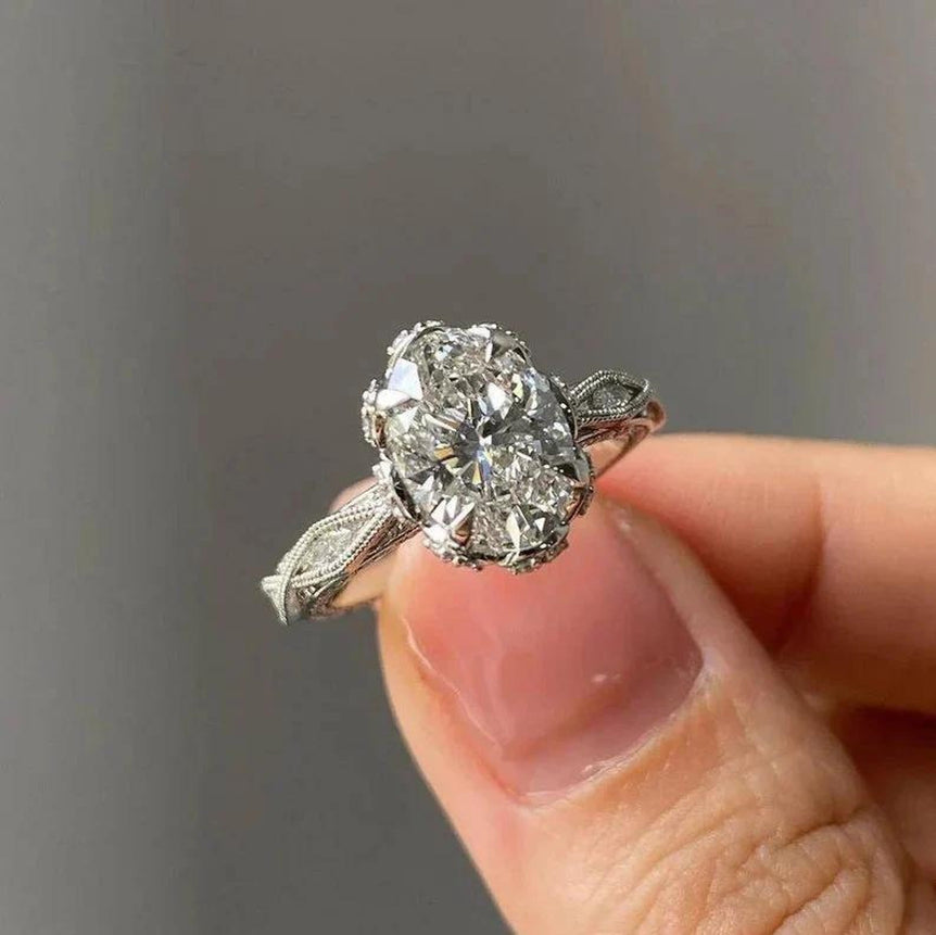 Vintage Oval Moissanite Engagement Ring 2.00 Ct Colorless Oval Moissanite Antique Ring 10K Solid White Gold Ring