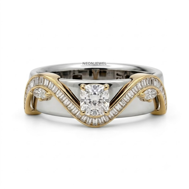 Cushion Cut Moissanite Smart Ring Cover • Gold Wave Baguette Ring Guard • Elegant Protector Jacket for Tech Rings