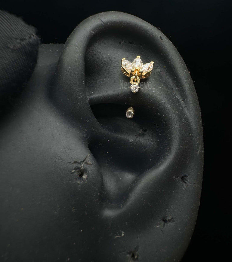 Diamond Engraved Lotus with Dangle Threaded Stud Earring Marquise Diamond Curved Bar Earring