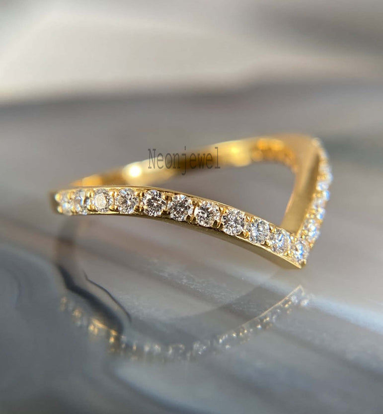 V Shaped Diamond Wedding Band 14K Gold Diamond Chevron Ring Perfect Matching Band For Her