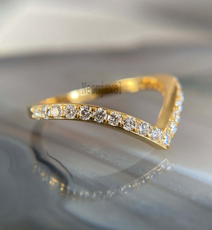 V Shaped Diamond Wedding Band 14K Gold Diamond Chevron Ring Perfect Matching Band For Her