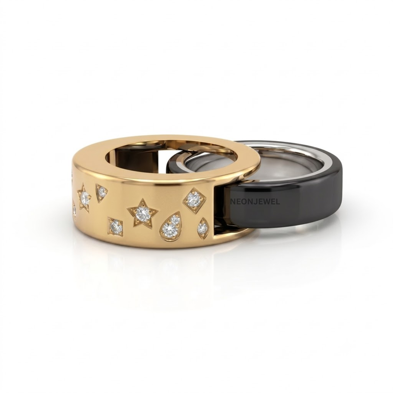 The "Stargazer" Oura Ring 4, 5 Cover – Satin Gold with Pavé Celestial Motifs