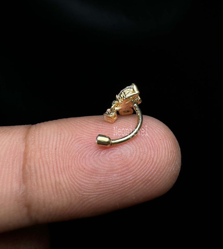 Diamond Engraved Lotus with Dangle Threaded Stud Earring Marquise Diamond Curved Bar Earring