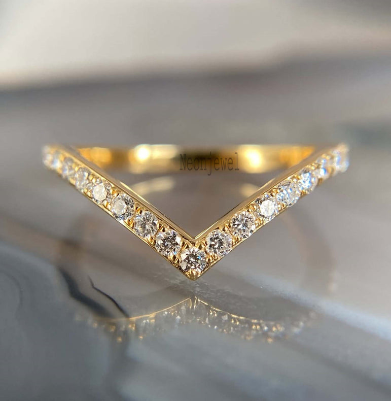 V Shaped Diamond Wedding Band 14K Gold Diamond Chevron Ring Perfect Matching Band For Her