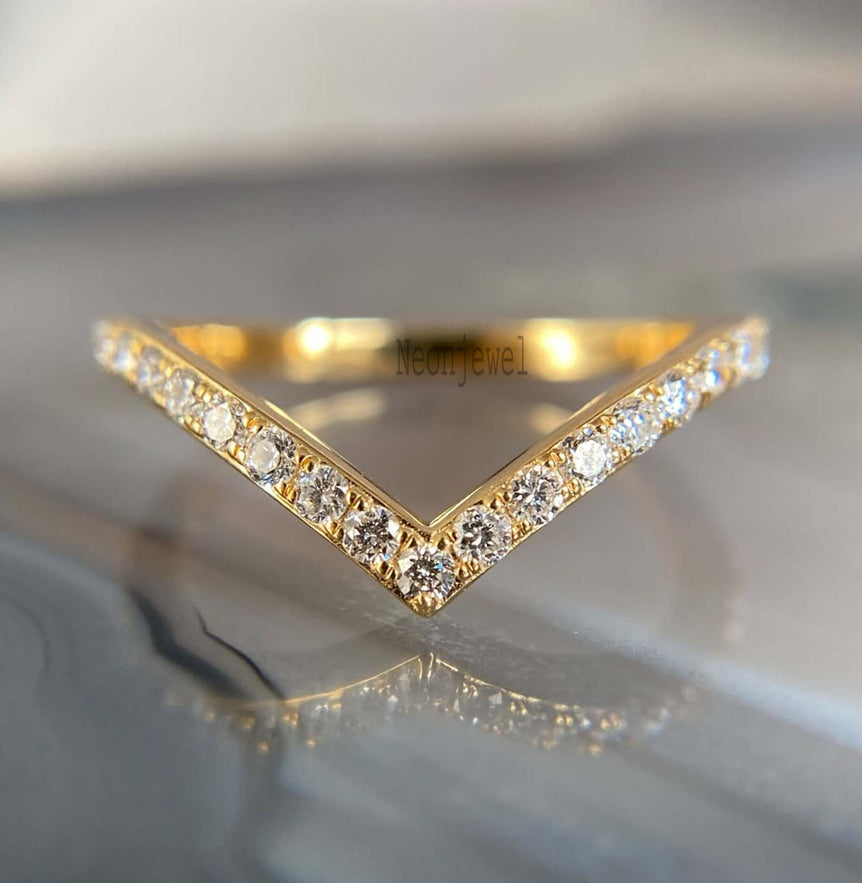 V Shaped Diamond Wedding Band 14K Gold Diamond Chevron Ring Perfect Matching Band For Her