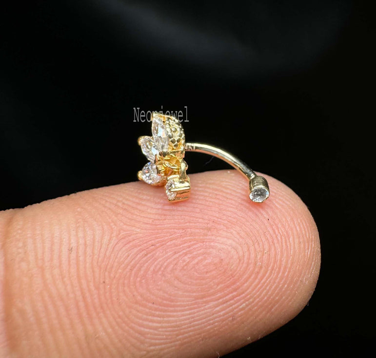 Diamond Engraved Lotus with Dangle Threaded Stud Earring Marquise Diamond Curved Bar Earring