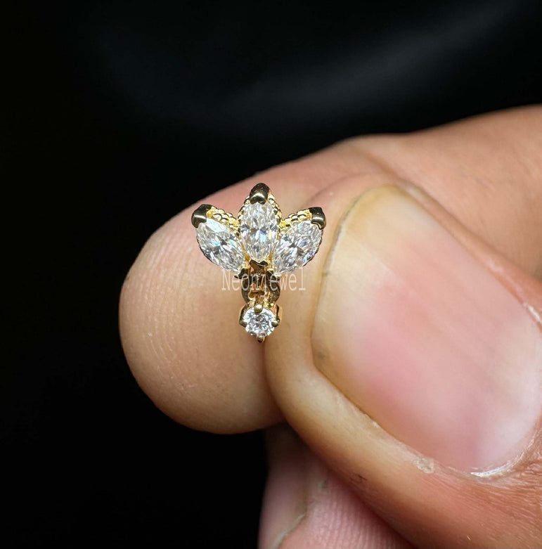 Diamond Engraved Lotus with Dangle Threaded Stud Earring Marquise Diamond Curved Bar Earring