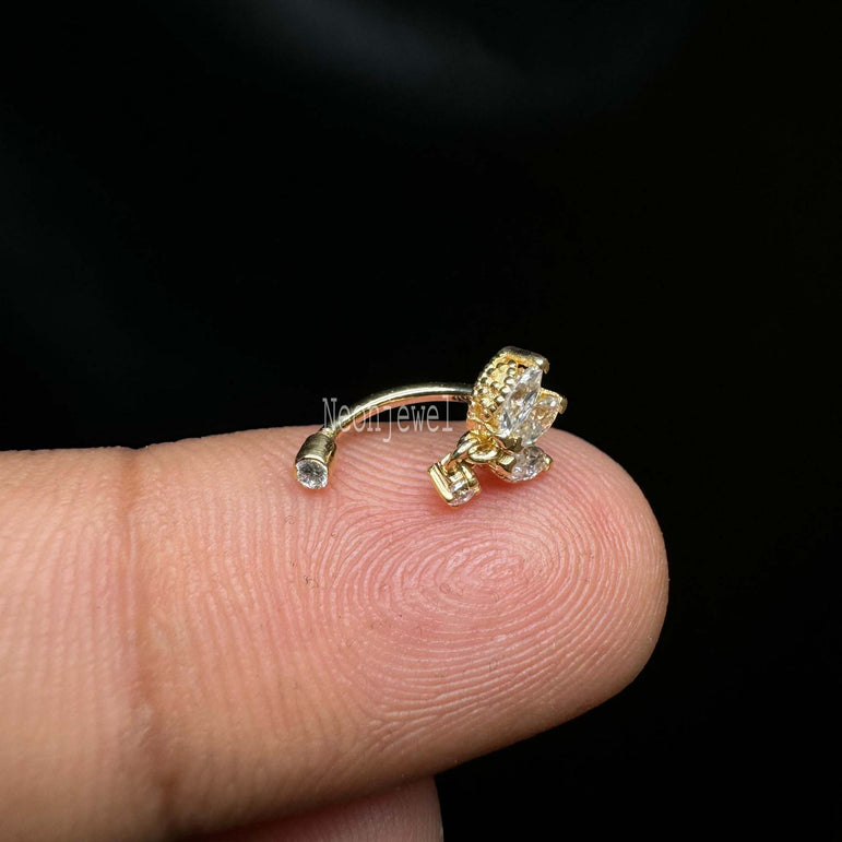 Diamond Engraved Lotus with Dangle Threaded Stud Earring Marquise Diamond Curved Bar Earring