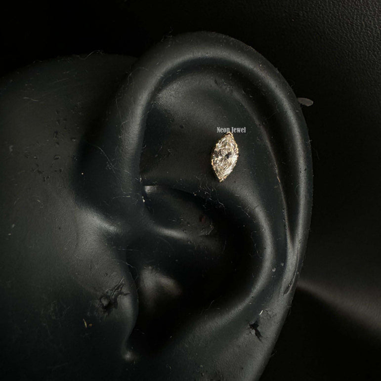 Marquise Diamond Stud Piercing 10K Solid Gold Marquise Cut Diamond External Threaded Piercing