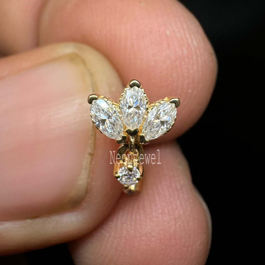 Diamond Engraved Lotus with Dangle Threaded Stud Earring Marquise Diamond Curved Bar Earring