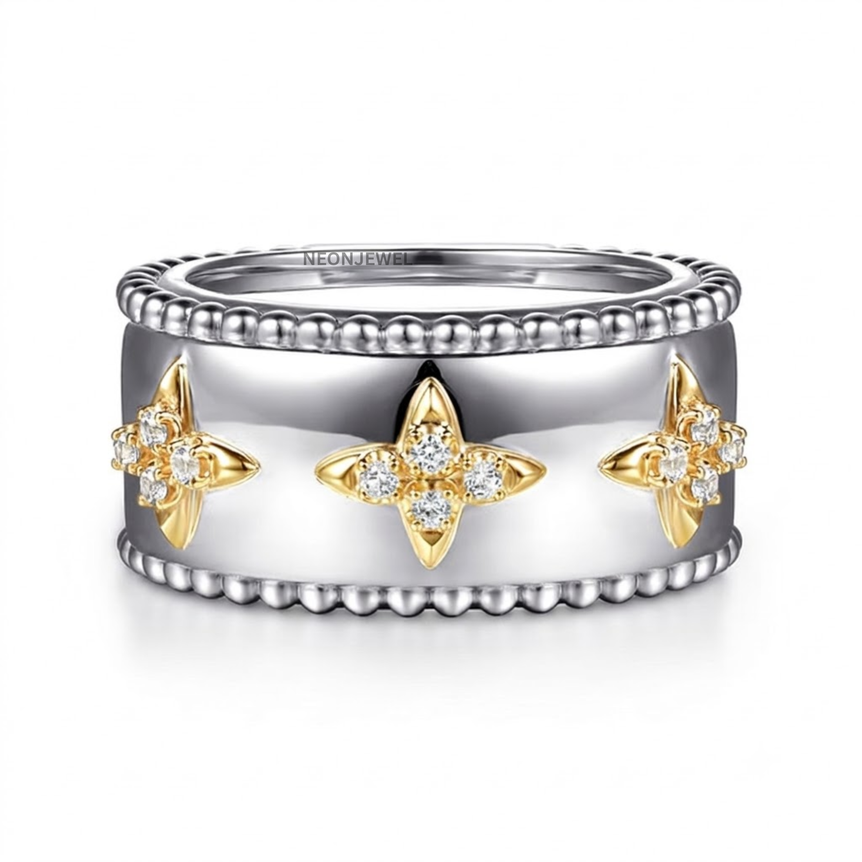Two Tone Cover for Oura Ring, Silver Wide Smart Ring Protector, Gold Star Cluster Tracker Shield, Monogram Style Smart Ring Sleeve