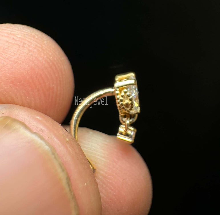 Diamond Engraved Lotus with Dangle Threaded Stud Earring Marquise Diamond Curved Bar Earring