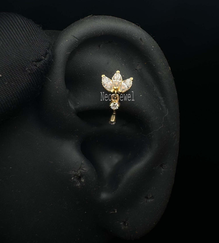 Diamond Engraved Lotus with Dangle Threaded Stud Earring Marquise Diamond Curved Bar Earring