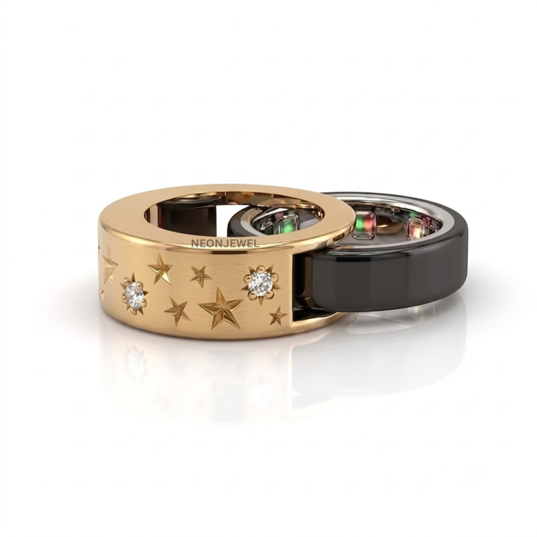 Celestial Galaxy Oura Ring Sleeve | Engraved Stars & Sparkling CZ Accent Smart Ring Shield