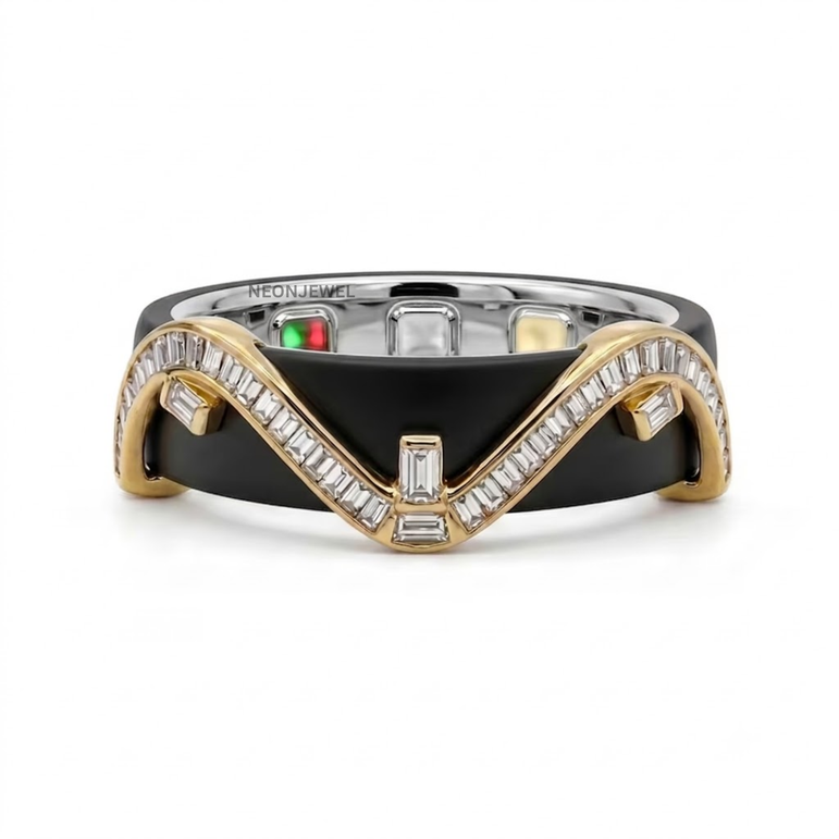 Baguette Moissanite Smart Ring Cover • Gold Chevron Wave Ring Guard • Elegant Protector Jacket for Tech Rings