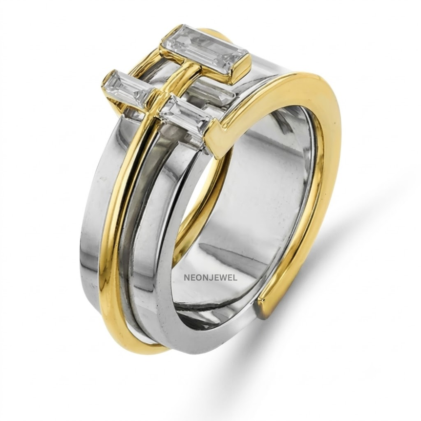 Baguette Smart Ring Cover | Art Deco Geometric Smart Ring Protector Jacket | Gold Accent Step-Cut Ring Enhancer Band | Minimalist Silver Statement Ring Guard