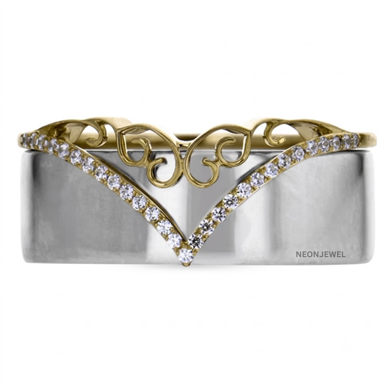 Tiara Smart Ring Cover, Chevron V-Shape Filigree Tracker Shield, Crown Diamond Accent Ring Guard, Two-Tone Decorative Tech Jewelry Sleeve