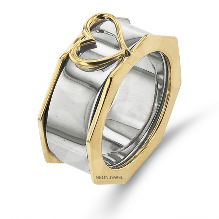 Geometric Smart Ring Cover | Hexagon Outer Frame Smart Ring Protector Jacket | Gold Open Heart Ring Enhancer Band | Minimalist Silver Statement Ring Guard