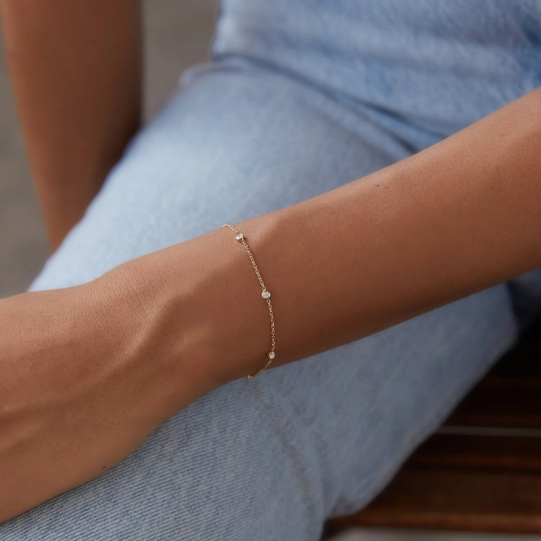 Bezel Set Dainty Diamond Bracelet 14k 18k Real Solid Gold Round Cut Diamond Minimalist Layering Everyday Solitaire Chunky Chain Bracelet