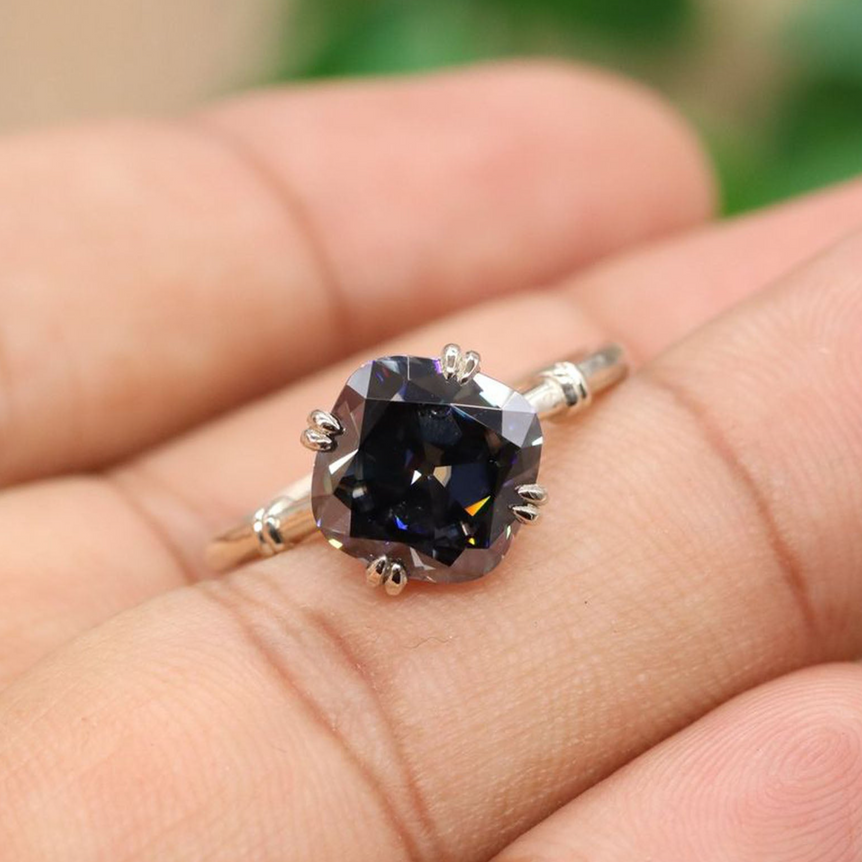 Blue Grey Cushion Solitaire Wedding Ring Vintage Style Moissanite Ring For Her