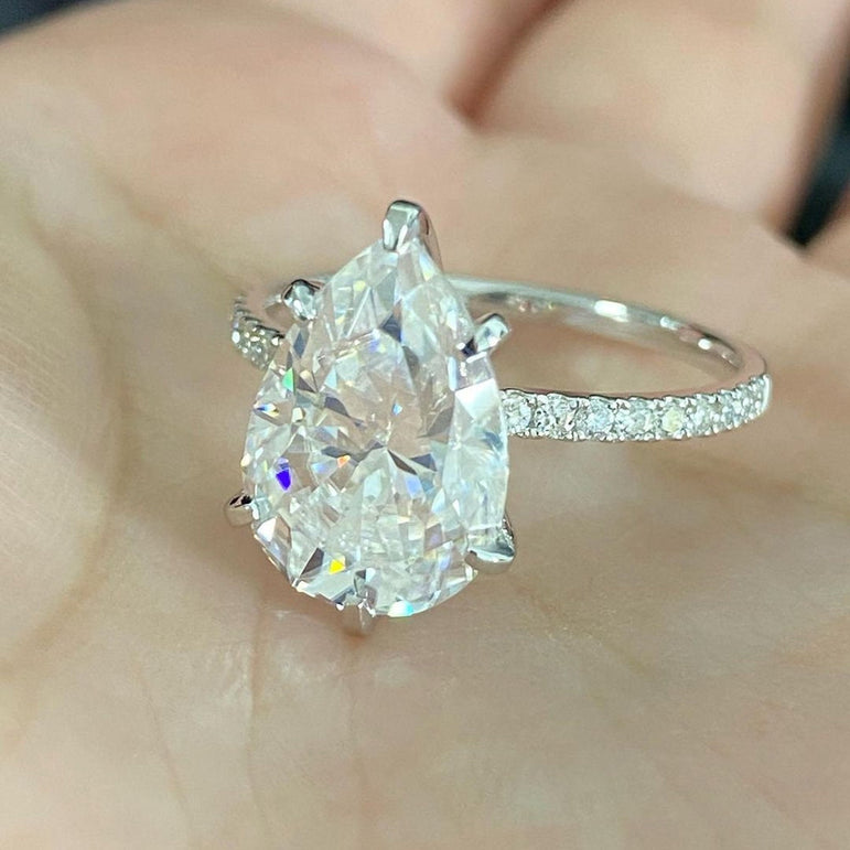 Classic Pear Cut Moissanite Engagement Ring 14K Solid White Gold Ring
