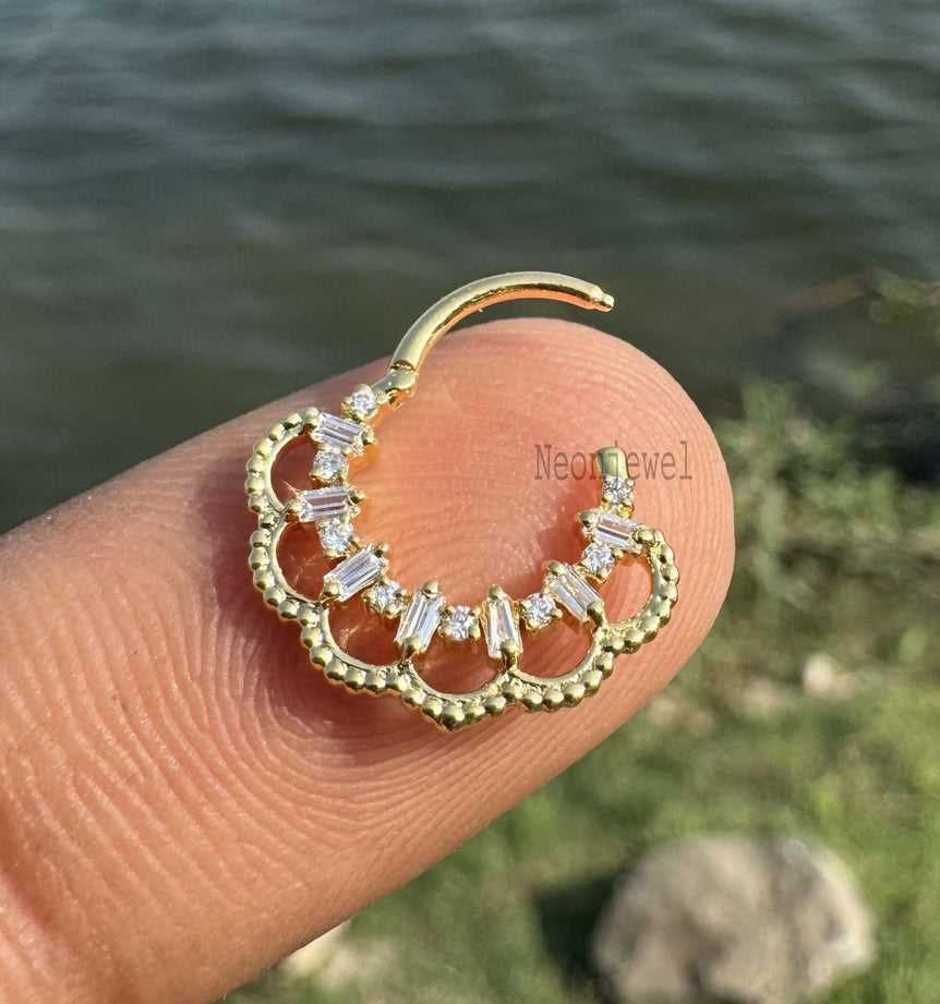 14K Solid Gold Piercing Natural Diamond Septum Baguette Diamond Nose Ring Helix Piercing