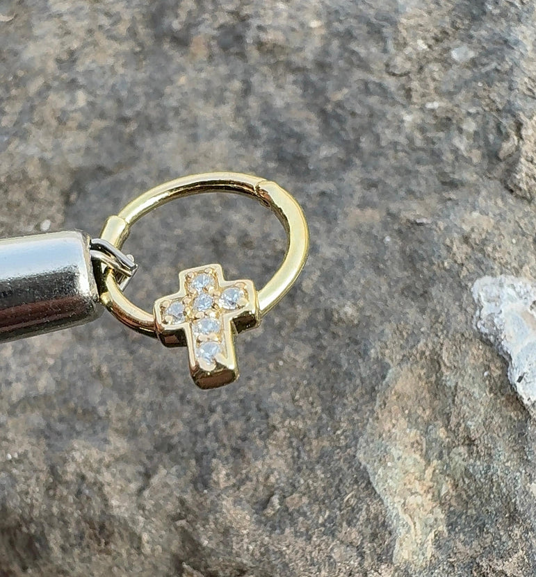 Cross Diamond Piercing Tiny Diamond Body Piercing Religious Symbol Conch Piercing 10k Solid Gold Piercing
