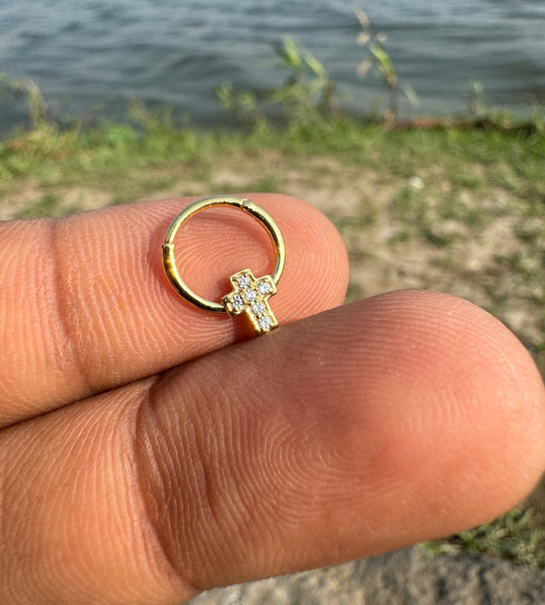 Cross Diamond Piercing Tiny Diamond Body Piercing Religious Symbol Conch Piercing 10k Solid Gold Piercing