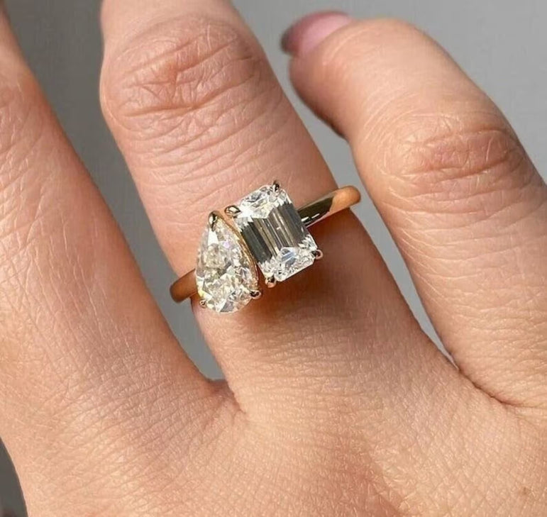 Two Stone Moissanite Wedding Ring 3 Ct Colorless Emerald & Pear Diamond Engagement Ring