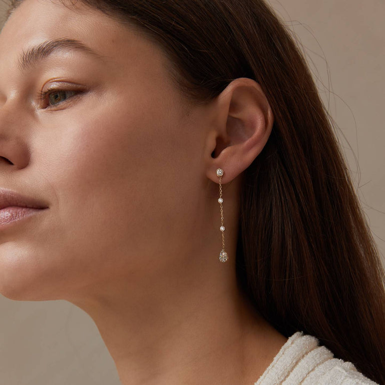 Pear Diamond Dangle Drop Earring Ear Stud Chain Jacket Front Back Ear Jacket 14k Gold Enhancer Gold Earring Sparkling Lab Grown Earring