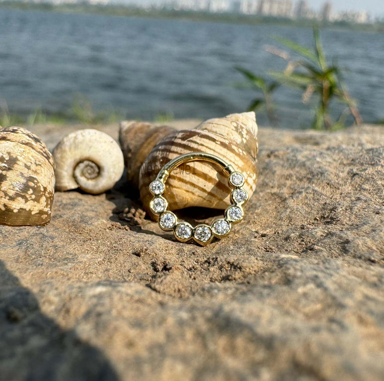 Moissanite Daith Piercing, Diamond Septum Nose Ring in 14K Gold, Moissanite Clicker Daith Piercing