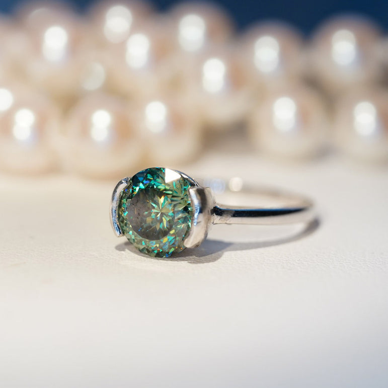 2 Ct Blue Green Portuguese Cut Moissanite Half Bezel Wedding Ring For Women