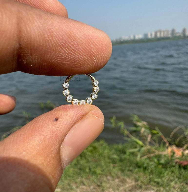 Moissanite Daith Piercing, Diamond Septum Nose Ring in 14K Gold, Moissanite Clicker Daith Piercing