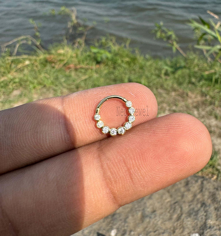Moissanite Daith Piercing, Diamond Septum Nose Ring in 14K Gold, Moissanite Clicker Daith Piercing