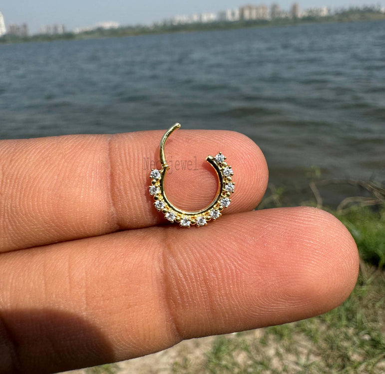14K Real Gold Clicker Cartilage Piercing Tragus Conch Septum Body Beads and Diamonds Hinged Nose Jewelry