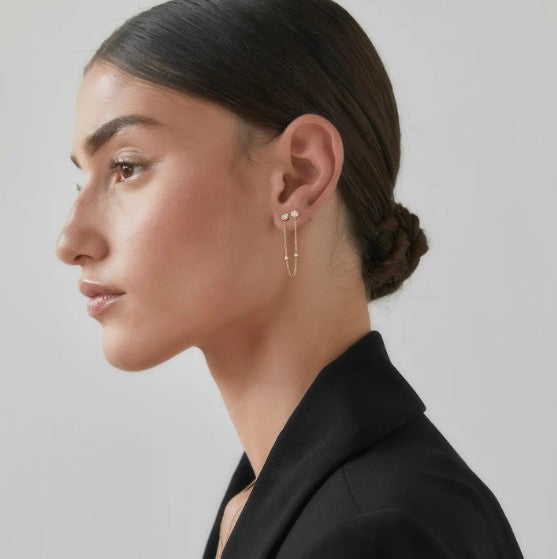 Double Hole Chain Earring Connecting Chain For Stud Front Back Ear Chain 14k Solid Gold Enhancer Earring Sparkling Lab Grown Earring