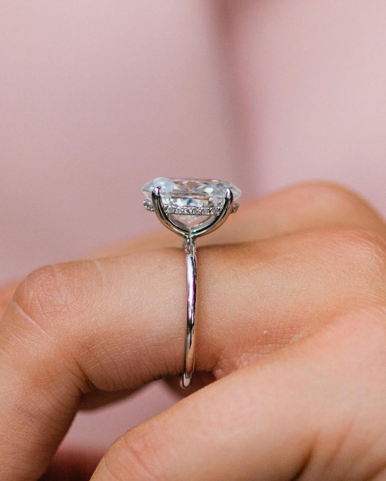 Oval Cut Moissanite Engagement Ring Hidden Halo Solitaire Ring