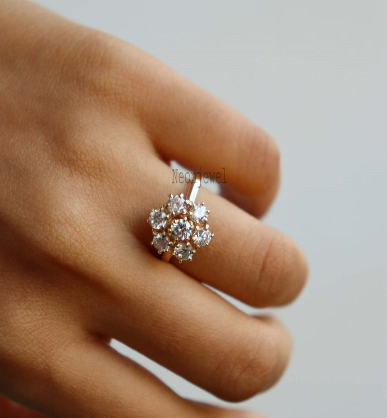 Cluster Round Moissanite Engagement Ring 10K Solid Rose Gold Ring Seven Diamond Ring